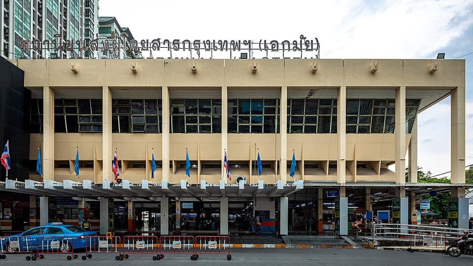 Exterior entrance of Ekkamai Bus Terminal in Bangkok.